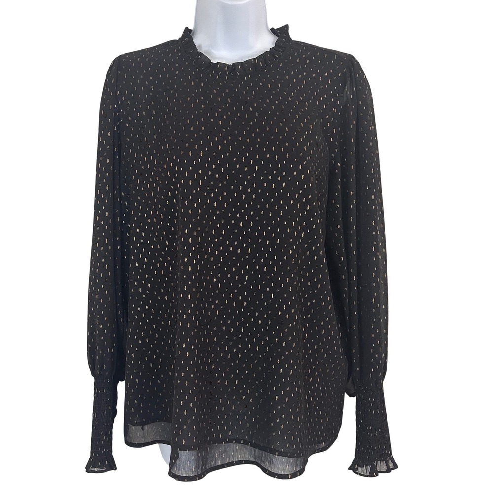 NWT Rachel Zoe Women's L  Black Gold Metallic Clip Dot Ruffle Mock Neck Blouse
